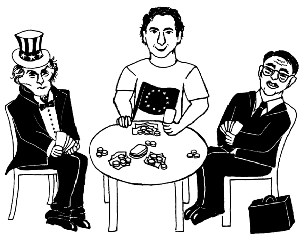 [Cartoon: Pokerspiel. USA und Japan haben alles Geld gesetzt und zittern. EU hat nur 2 M�nzen gesetzt und lehnt sich entspannt zur�ck.]